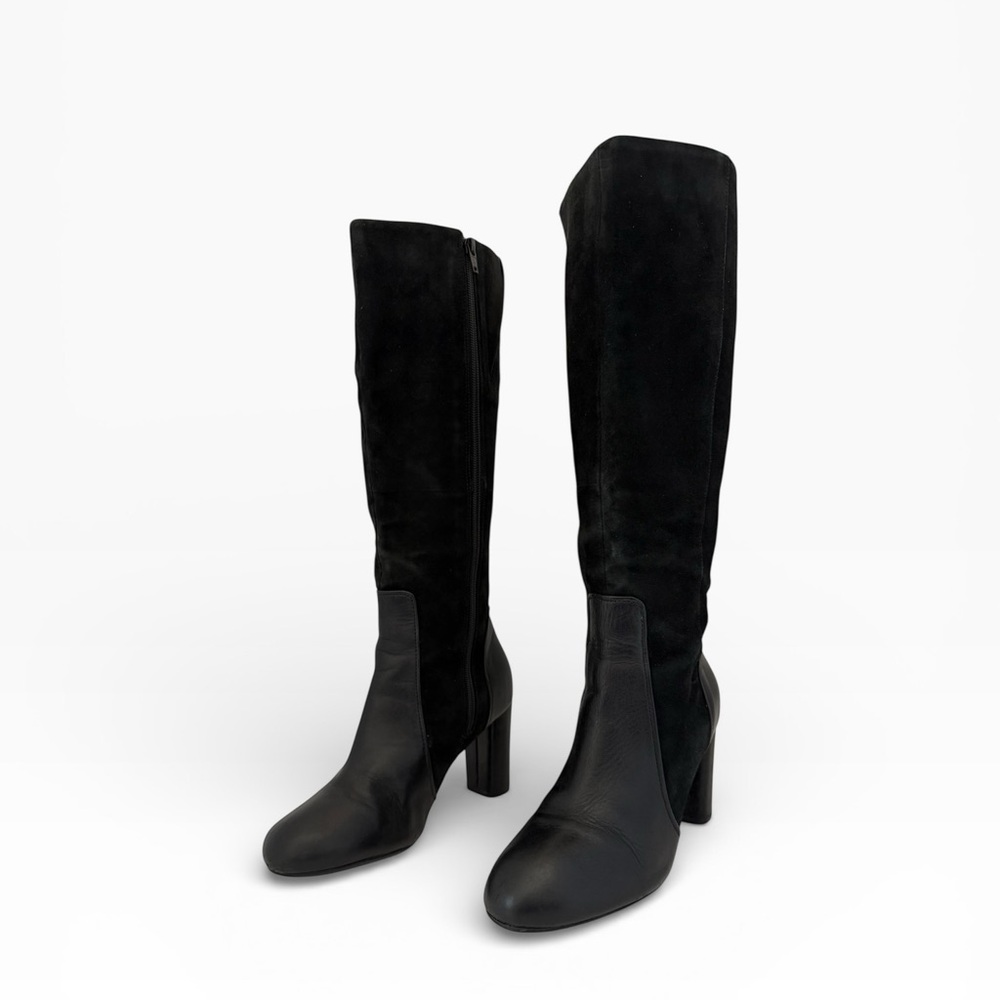 Black Tall Knee-High Leather & Suede Boots W 6.5 Block Heel Side Zip Clarks - Picture 5 of 13